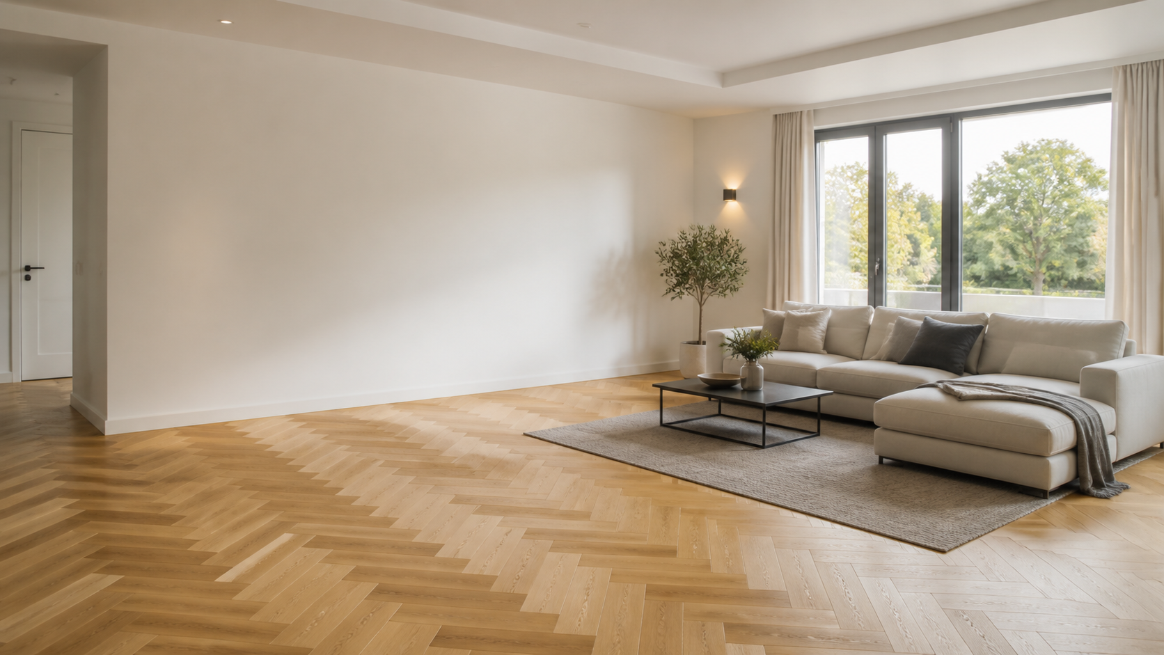 Modern minimalistisches Wohnzimmer mit frisch gestrichenen Wänden und neu verlegtem Parkettboden